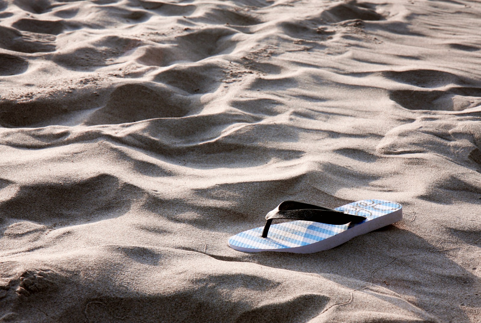 Sandal rests on textured, sandy beach.