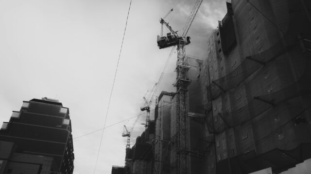a black and white photo of a construction site